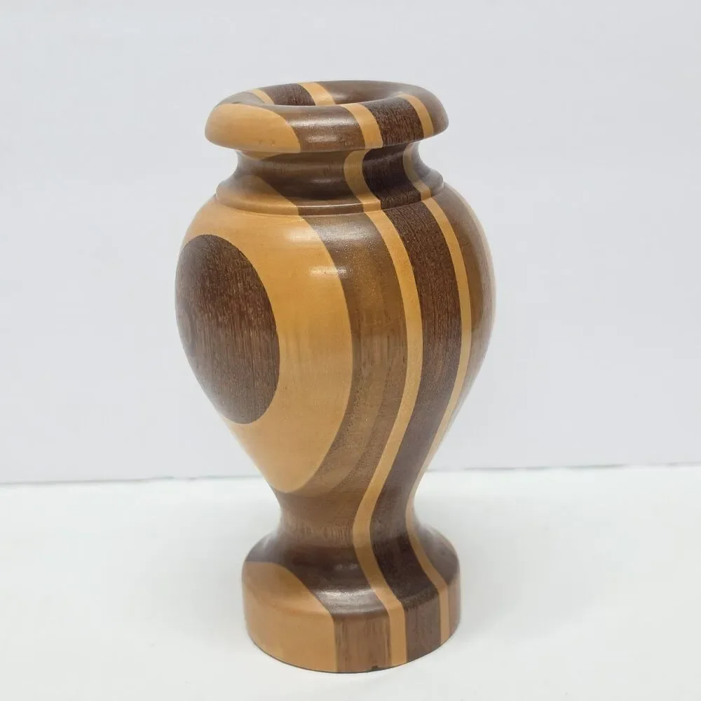 Vintage Hand Turned Wood Marquetry Bud Vase Segmented Layered Mosaic Rustic